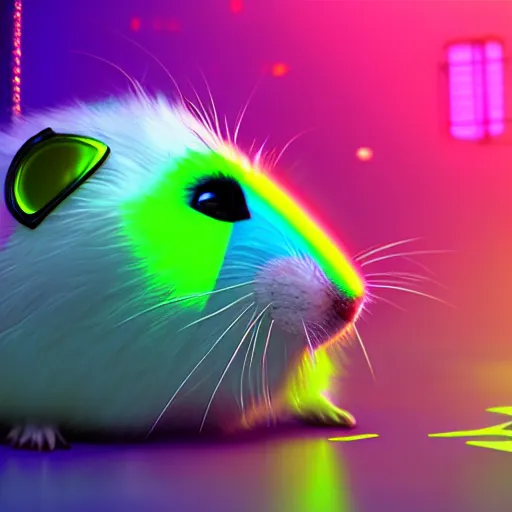 Image similar to hamster with rainbow fur in a cyberpunk city with bright neon lights, 8 k, hd, light reflection