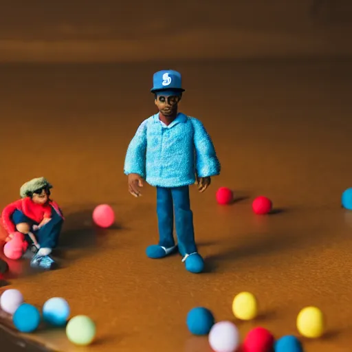 Image similar to a cinematic film still of a claymation stop motion film starring chance the rapper as a college student, shallow depth of field, 8 0 mm, f 1. 8