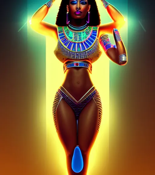 Image similar to symmetry!! egyptian princess of technology, solid cube of light, hard edges, product render retro - futuristic poster scifi, lasers and neon circuits, brown skin gorgeous egyptian princess, intricate, elegant, highly detailed, digital painting, artstation, concept art, smooth, sharp focus, illustration, dreamlike, art by artgerm