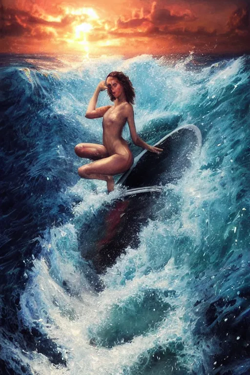 Image similar to movie poster, 2 0 0 mm, realistic photographed oil panting of a forbidden island, suicidegirls surfing beautiful waves, under the water are dead bodies and ghosts, supernatural colors, beautiful, dappled silver lighting, epic, atmospheric, highly detailed, horrific, 8 k, art by art by artgerm and greg rutkowski and edgar maxence