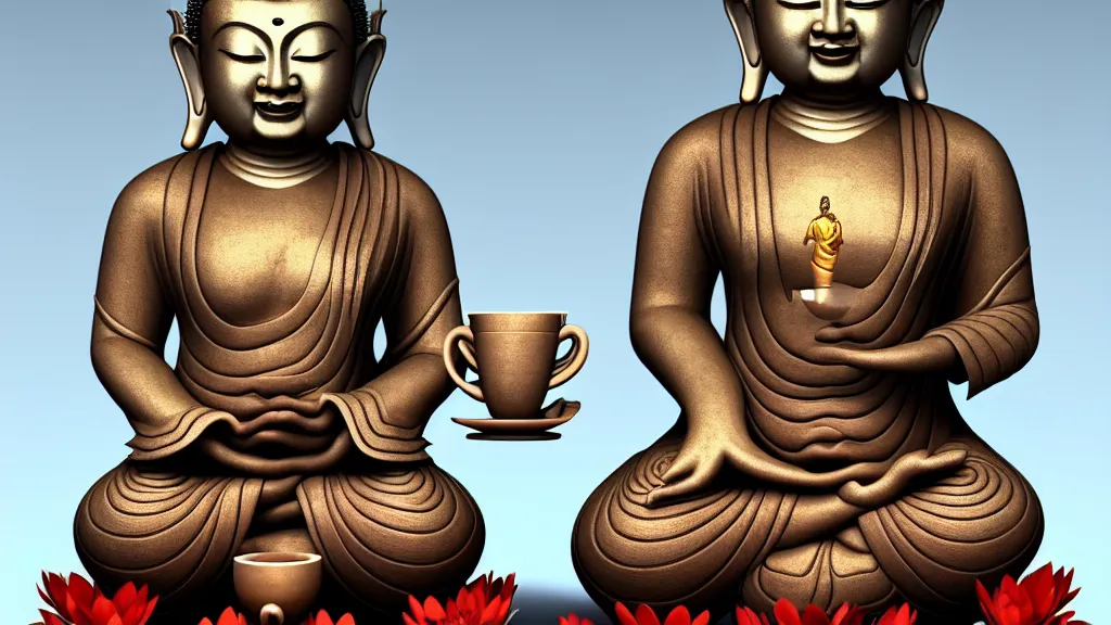 Image similar to a hyperdetailed painting of a happy buddha sitting on a lotus, one hand on his knee and the other hand holding a giant cup of coffee, ambient occlusion, 3 d model, quantum fractals, magic realism inspired by psychadelia and ancient architecture of thailand, trending on artstation,