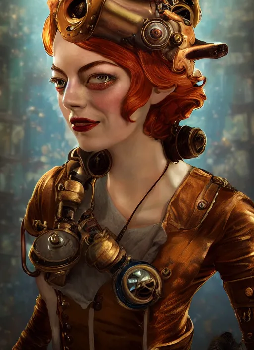 Image similar to Steampunk Bioshock portrait of Emma Stone, au naturel, hyper detailed, digital art, trending in artstation, cinematic lighting, studio quality, smooth render, unreal engine 5 rendered, octane rendered, art style by klimt and nixeu and ian sprigger and wlop and krenz cushart