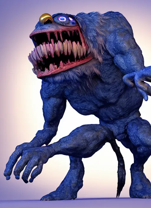 Prompt: a blue american werewolf in london toy standing on its hind legs, a raytraced image by pixar, polycount, toyism, zbrush, sketchfab, rendered in maya