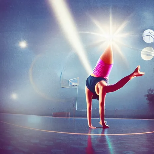 Prompt: a girl doing a handstand on the school basketball court, digital art, lens flare