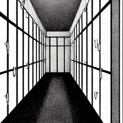 Prompt: “A creepy bright white hallway with many doors by Junji Ito, detailed background”