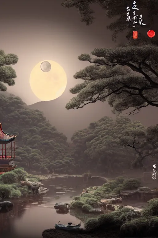 Prompt: cg rendering of a surreal ancient chinese landscape, with a stream, little moon | moonlet, an ancient chinese pavilion and pine trees on the water surface, a dark starry sky, clouds, lighting in the pavilion, magical light fog, night, dim light, aestheticism, fantasy, 8 k, cinematic, zbrush, marmoset toolkit