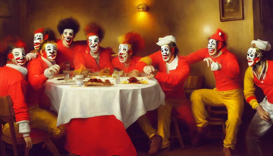 Prompt: highly detailed painting of a group of ronald mcdonalds with red afros, white facepaint, red noses and yellow tracksuits salsa dancing at a spanish tapas restaurant by william turner, by greg rutkowski, by william constable, thick brush strokes and visible paint layers, 4 k resolution
