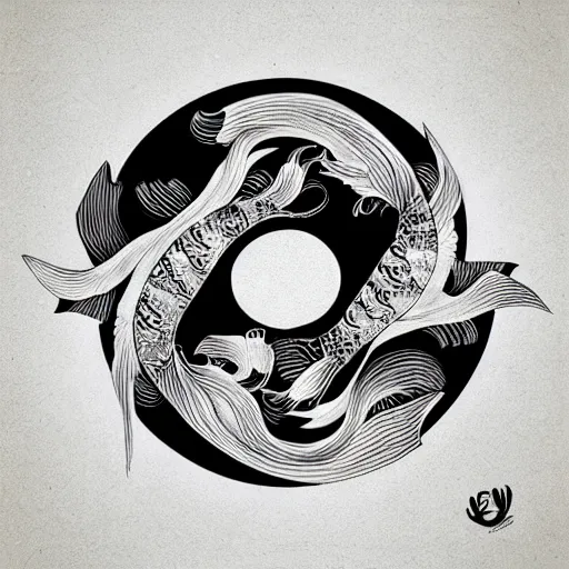 Image similar to 2 koi fish, yin yang, black white, by Android Jones