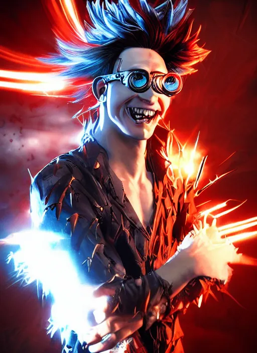 Image similar to An epic fantasy comic book style portrait painting of young man with red spiked long hair, using an orange lens googles. Wearing white shirt, a black waistcoat, brown pants and black boots. He is with a vicious smile in face. Unreal 5, DAZ, hyperrealistic, octane render, cosplay, RPG portrait, dynamic lighting