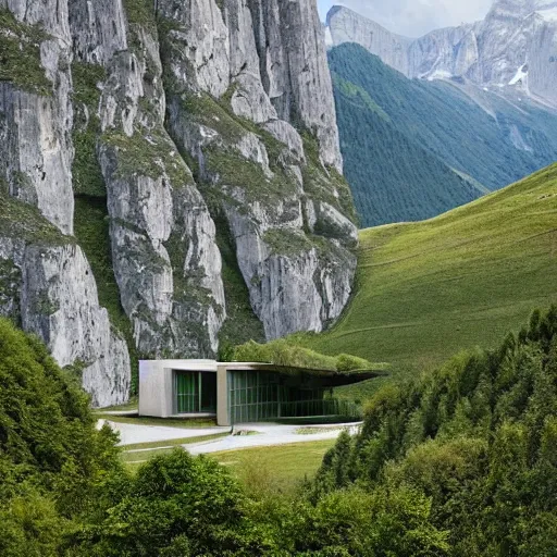 Image similar to lush and beautiful green mountain landscape, with a brutalist futuristic building, architecture, unpainted concrete, swiss alps, dolomites, by aalto alvar, by ando tadao, by chipperfield david, frank lloyd wright, by peter zumthor