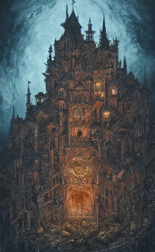 Image similar to Castle, gothic , by Ayami Kojima, studio ghibli, cinematic lighting, intricate, highly detailed, digital painting, trending on artstation, Illustration, epic scale