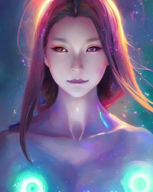 Image similar to A realistic anime portrait of a beautiful cosmic woman with glowing rainbow eyes and cosmic skin wearing clothes made of universes, digital painting, by Stanley Artgerm Lau, Sakimichan, WLOP , Makoto Shinkai and Rossdraws, digital painting, trending on ArtStation, SFW version