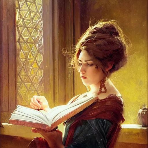 Image similar to stunning female master wizard having magical book, highly detailed painting by gaston bussiere, craig mullins, j. c. leyendecker, 8 k