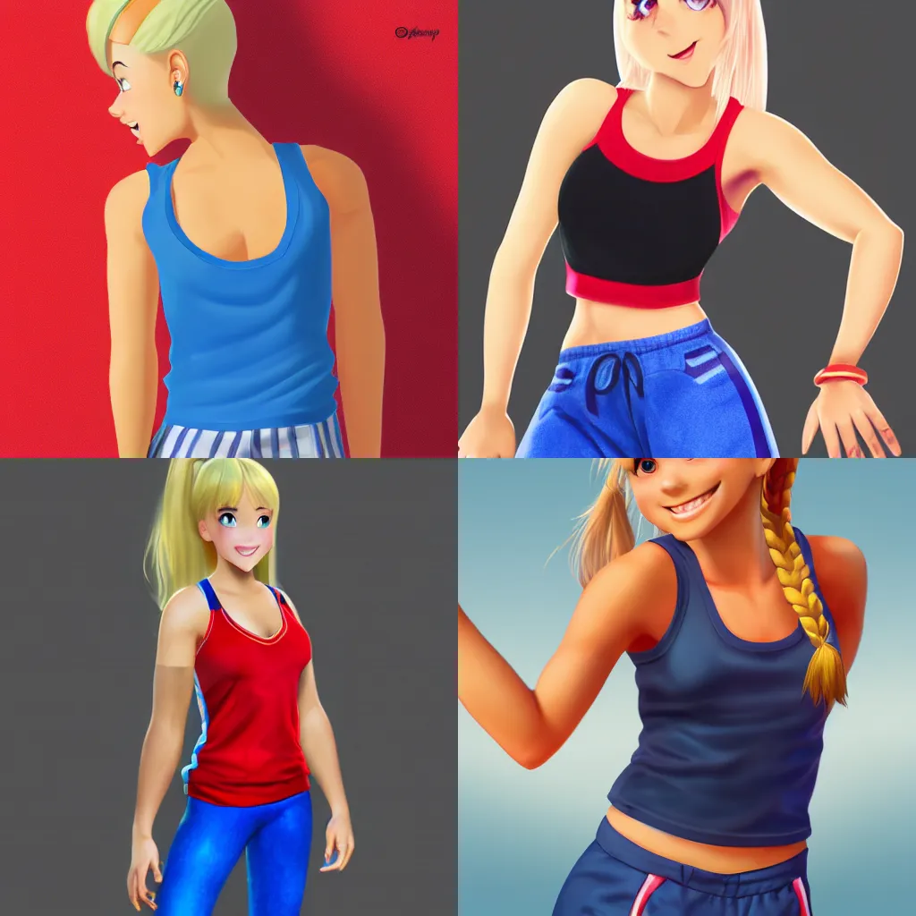 Prompt: photorealistic Disney, an athletic young woman with blonde ponytails, a happy and enthusiastic expression, wearing a red tank top and voluminous blue pants, character portrait, medium shot, trending on pixiv