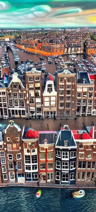 Prompt: a large oil painting of a drone view of amsterdam