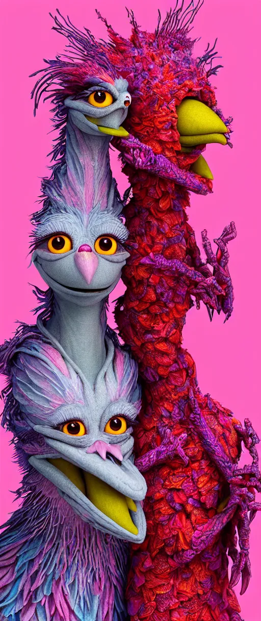 Prompt: hyper detailed 3d render like a Oil painting - kawaii portrait of two Aurora (a beautiful skeksis muppet fae princess protective playful expressive eyes from dark crystal that looks like Anya Taylor-Joy) seen red carpet photoshoot in UVIVF posing in scaly dress to Eat of the Strangling network of yellowcake aerochrome and milky Fruit and His delicate Hands hold of gossamer polyp blossoms bring iridescent fungal flowers whose spores black the foolish stars by Jacek Yerka, Ilya Kuvshinov, Mariusz Lewandowski, Houdini algorithmic generative render, Abstract brush strokes, Masterpiece, Edward Hopper and James Gilleard, Zdzislaw Beksinski, Mark Ryden, Wolfgang Lettl, hints of Yayoi Kasuma and Dr. Seuss, octane render, 8k