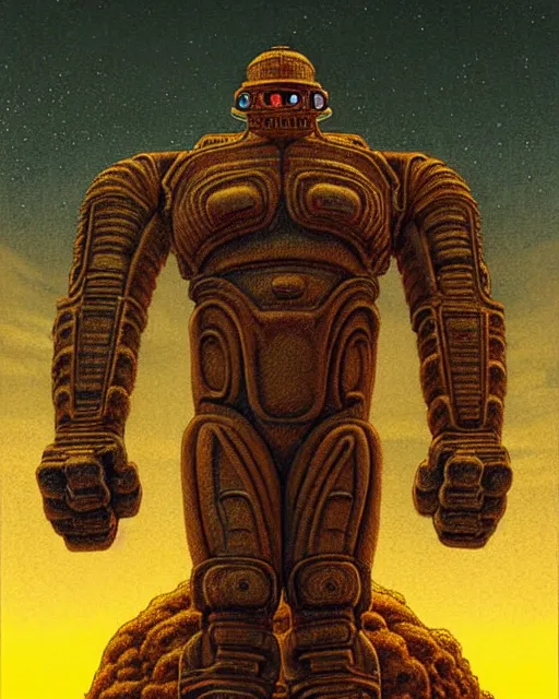 Image similar to portrait giant colossus humanoid with his fist up, brown armor, background ancient alien landscape, low angle, close up, concept art, intricate details, highly detailed, vintage sci - fi poster, retro future, vintage sci - fi art, in the style of chris foss, rodger dean, moebius, michael whelan, and gustave dore