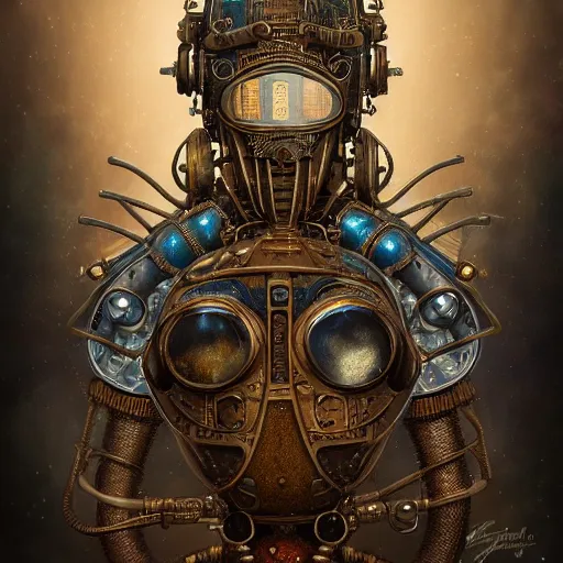 Image similar to dan mumford tom bagshaw, dream world curiosities carnival flying, photorealistic octane render of a single very beautiful helmet full long steampunk metallic armored ornate female, partial symmetry accurate features, focus, very intricate ultrafine details, award winning masterpiece, steampunk world