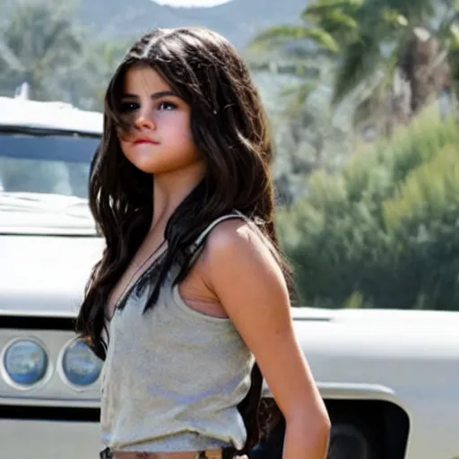 Prompt: High quality movie still of Selena Gomez as Mikaela in Michael Bay's Transformers