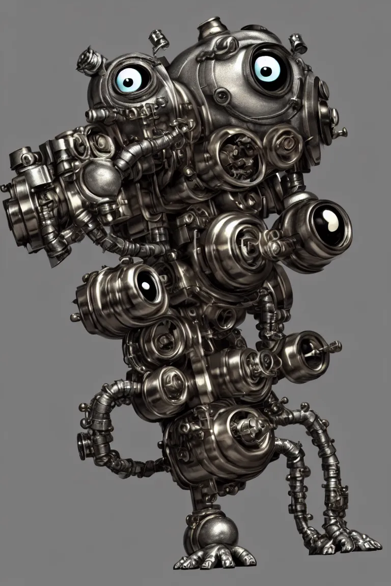 Prompt: a tiny cute dieselpunk monster with silver pistons and belts and camshaft pulley and big eyes smiling and waving, back view, isometric 3d, ultra hd, character design by Mark Ryden and Pixar and Hayao Miyazaki, unreal 5, DAZ, hyperrealistic, Cycles4D render, Arnold render, Blender Render, cosplay, RPG portrait, dynamic lighting, intricate detail, summer vibrancy, cinematic, centered, focused, sharp