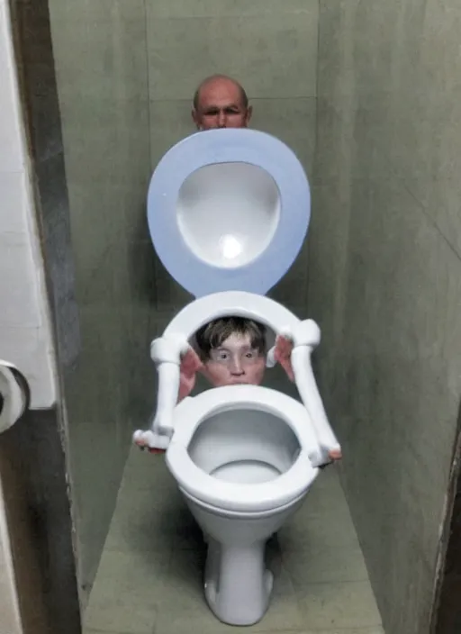 Prompt: tiny man stuck inside a toilet with only his head out, bad quality, shaky camera, funny