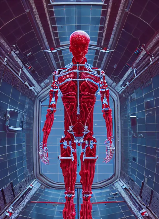 Image similar to space station exterior, a statue jesus on cross made of red marble, perfect symmetrical body, full body shot, inflateble shapes, wires, tubes, veins, white biomechanical, wearing epic bionic cyborg implants, masterpiece, intricate, biopunk, vogue, highly detailed, artstation, concept art, cyberpunk, octane render