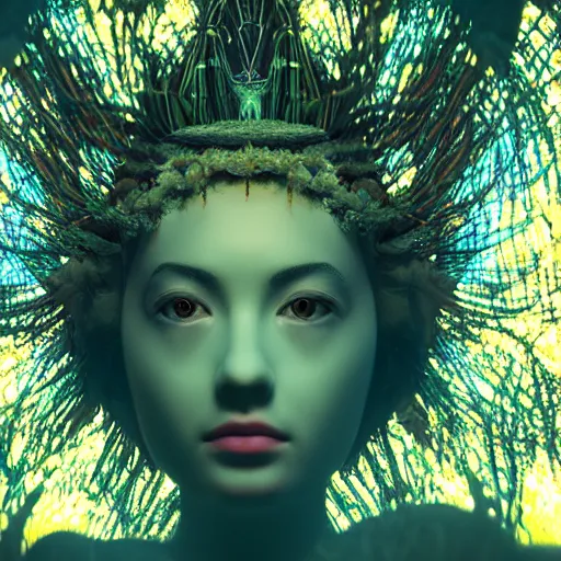 Image similar to tapping in to something greater, piles of modular synth cables, goddess portrait wearing a big headpiece in a mystical glowing forest in the style of wlop, stanley kubrick, masamune, unique perspective, eastman color, perfect details, trending on artstation, 3 d render, smooth render, green and blue palette, wlop