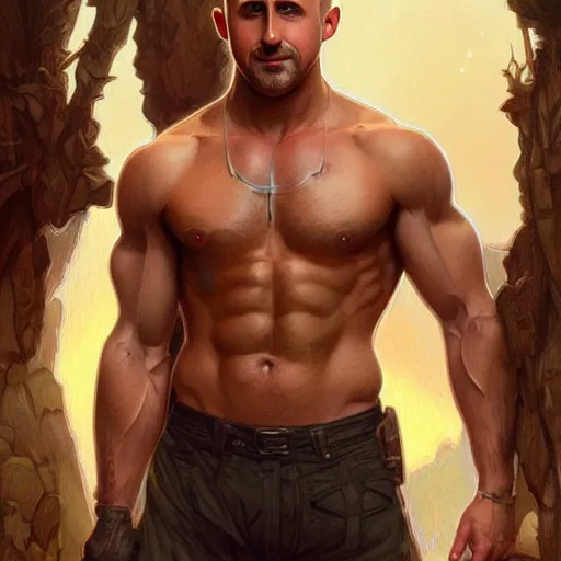 Image similar to Muscular Ryan Gosling holding cute caracal, portrait, sci-fi, fantasy, intricate, elegant, highly detailed, digital painting, artstation, concept art, smooth, sharp focus, illustration, art by artgerm and greg rutkowski and alphonse mucha