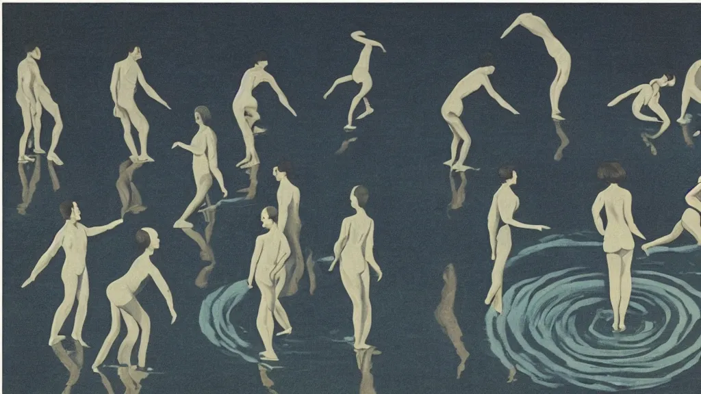 Prompt: A vintage scientific illustration from the 1970s of a choreography for people who can walk on water by René Magritte