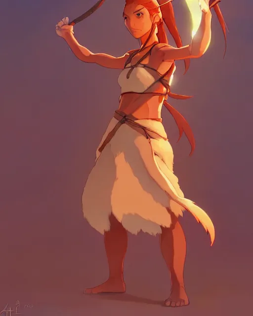 Image similar to ginger tanned woman in a prehistoric outfit, by artgerm, hair tied in a ponytail, no background character concept, by studio muti, greg rutkowski makoto shinkai takashi takeuchi studio ghibli