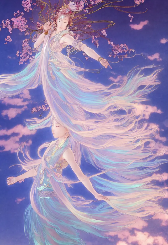 Image similar to glowing cloud, chinese taoist fairy goddess. hyper detailed, character concept, full body, dynamic pose, intricate, lineart, cerpuscular rays, lily flowers. by yoshitaka amano, alfons mucha and makoto shinkai. 8 k