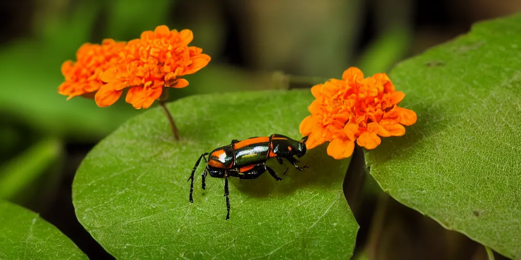 Image similar to a close up photo of an orange colored flower, a single green leaf is coming out of the flowers stalk, a tiny beetle is walking on the leaf, high resolution macro image 35mm