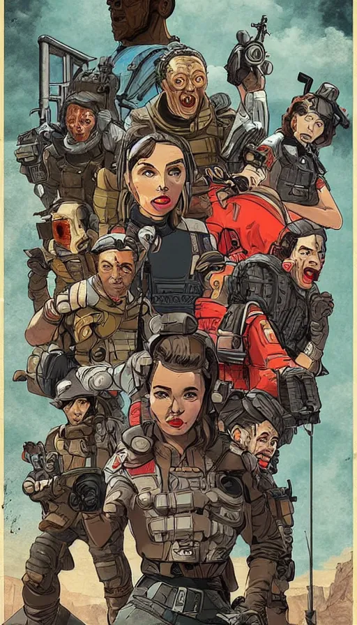 Prompt: apex legends in 1 9 5 0 s horror movie poster, retrofuturism, highly detailed, stylized