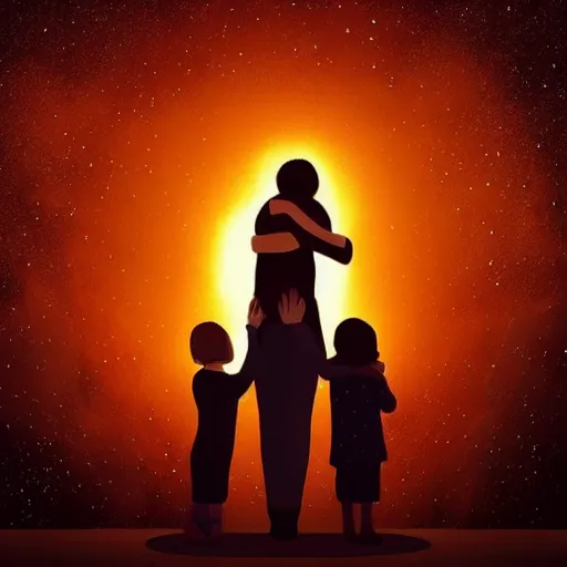 Image similar to “A family hugging each other for the last time as the world is ending, meteors are falling from the sky, everything is on fire, dramatic lighting, digital art, very very very very very very beautiful, 8K, dark lighting, trending on Artstation, award winning”