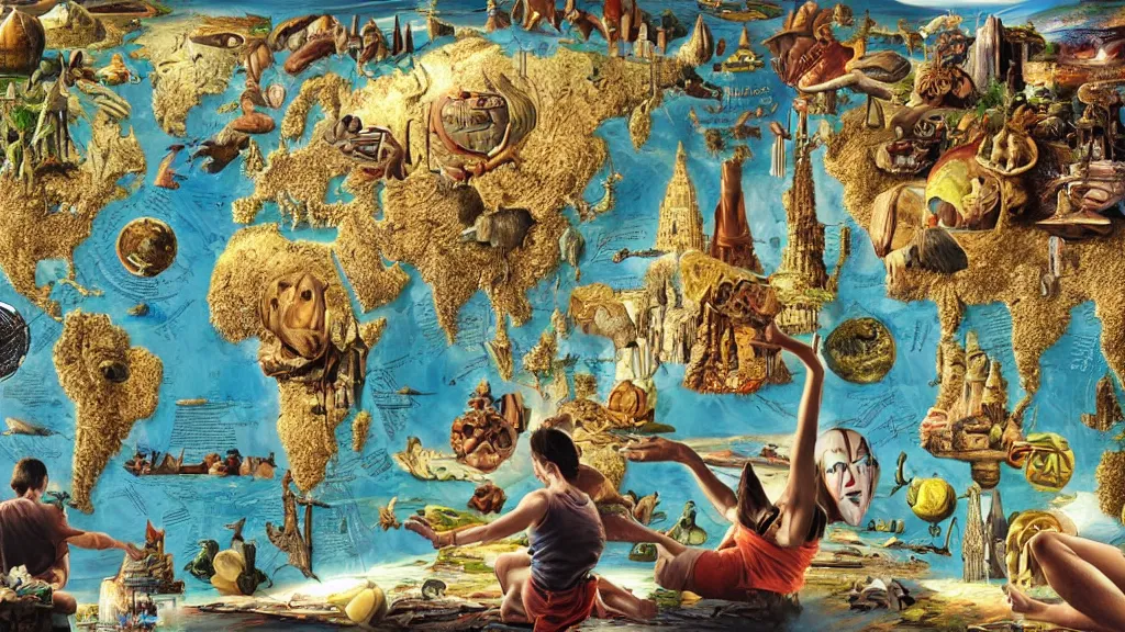 Image similar to surreal map of world cultures in the styles of igor morski, jim warren, and rob gonsalves, intricate, robinson projection, accurate geography, volumetric lighting, serene, imaginative