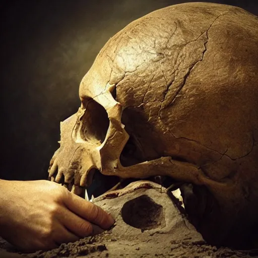 Image similar to “ high resolution photo of archeologists digging up the skull of a monster with horns and sharp teeth ”