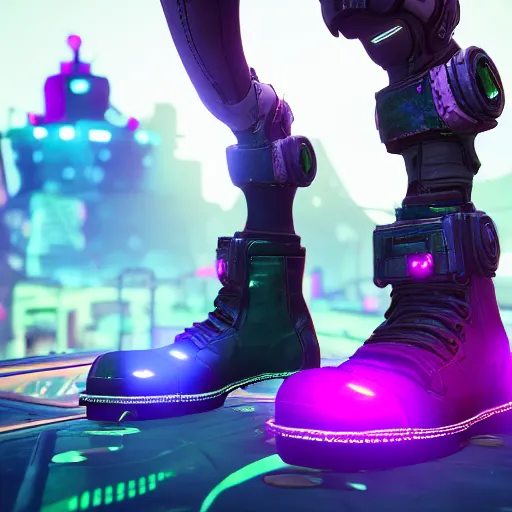 Image similar to a pair of techno neon boots!! in the borderlands 3 style, close - up, cinematic shot, intricate, ornate, photorealistic, ultra detailed, realistic, 1 0 0 mm, photography, octane, high definition, depth of field, bokeh, 8 k, behance, artstation