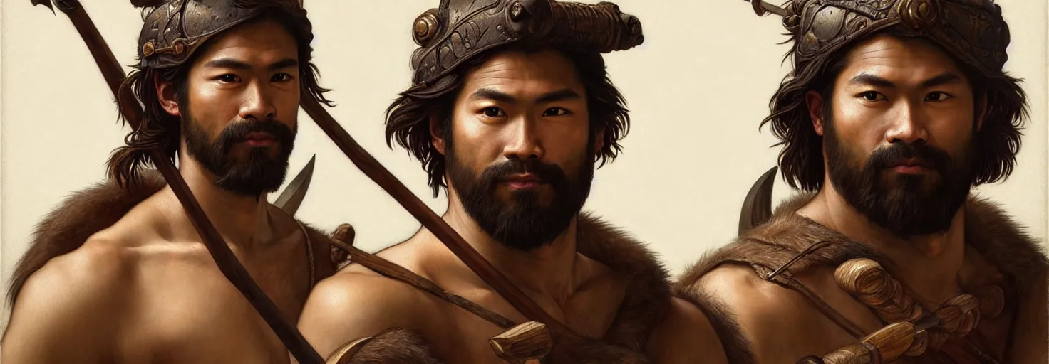 Image similar to renaissance upper body portrait of a gruff ranger with a spear, Asian, lean and toned, handsome face, hairy chest, D&D, intricate, elegant, highly detailed, digital painting, artstation, concept art, matte, sharp focus, illustration, art by da Vinci, Artgerm and Greg Rutkowski and Alphonse Mucha