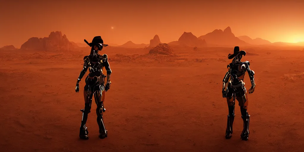 Image similar to Panorama screenshot beautiful female cyborg, super bright gold glowing eyes, wearing a cowboy hat, photographic highly detailed desert, dynamic dramatic golden moody lighting, volumetric lighting, shadows,cinematic atmosphere,Artstation, DAZ, bungie, hyperrealistic 3D digital art,Octane render