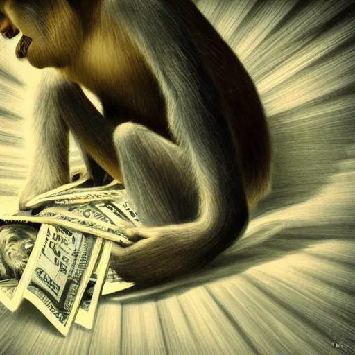 Image similar to monkey holding money, chromatic, crepuscular rays, dslr, caravaggio, ciane color, dof