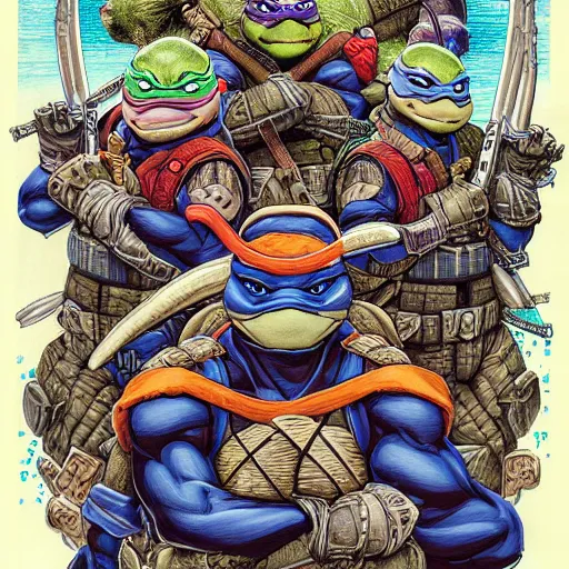 Image similar to portrait of crazy teenage mutant ninja turtles, symmetrical, by yoichi hatakenaka, masamune shirow, josan gonzales and dan mumford, ayami kojima, takato yamamoto, barclay shaw, karol bak, yukito kishiro