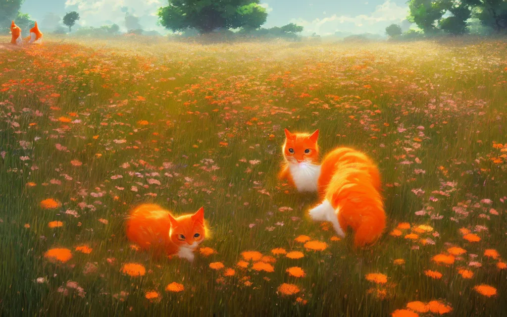 Image similar to cute orange cats in a field of flowers, digital illustration, by makoto shinkai and ruan jia