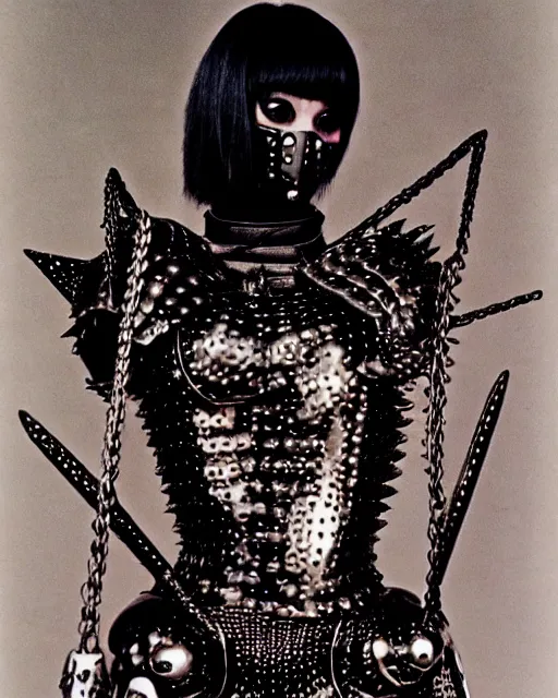 Image similar to portrait of a skinny punk goth yayoi kusama wearing armor by simon bisley, john blance, frank frazetta, fantasy, thief warrior, bauhaus brutalist