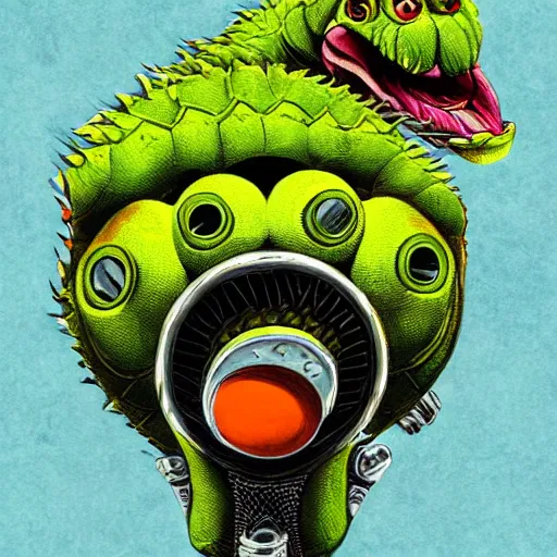 Image similar to a tennis ball monsteron a motorcyle harley davidson on a tennis court, digital art, fantasy, magic, chalk, trending on artstation, ultra detailed, professional illustration by basil gogos