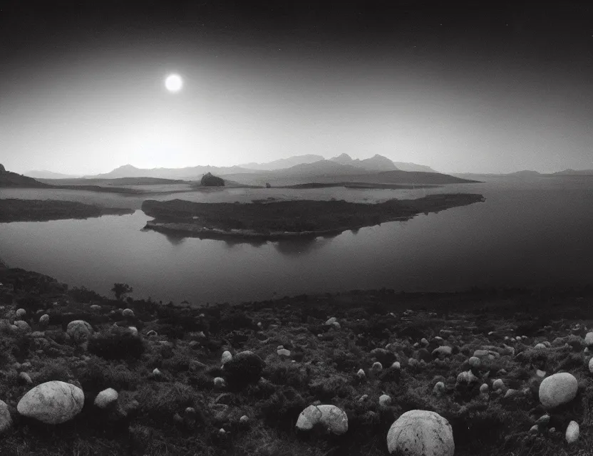 Image similar to wanderer, eerie, greek fantasy panorama, a magnificent giant turble emerging above the magic shining river styx, at night, otherworldly, ghost giant above the horizon, stanley kubrick, 1 8 mm, wide shot, surreal, deep