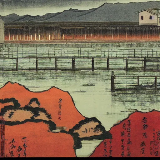 Image similar to a chinese prison near a river by peter doig : : 1 and ukiyo - e : : 0. 0 1, muted colors