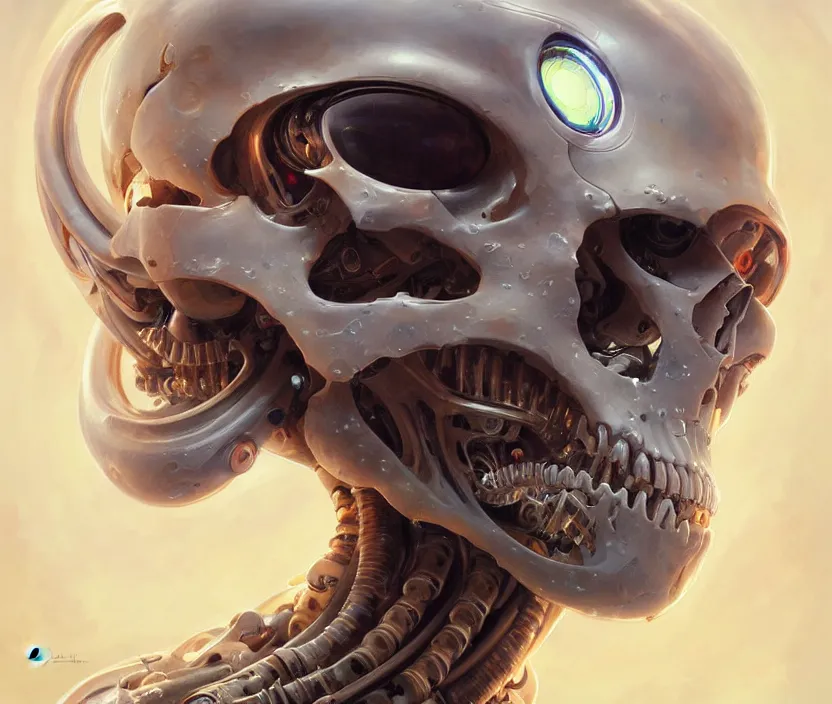 Image similar to Cyborg biomechanical jellyfish skull face portrait, sci-fi, highly detailed, digital painting, artstation, concept art, smooth, sharp focus, illustration, art by artgerm and greg rutkowski and alphonse mucha