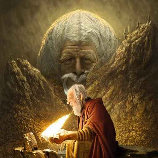 Prompt: gediminas pranckevicius the evil ian mckellen smithing on an anvil as gandalf in a dark viking hood playing odin all father crafting a neural network with golden synapses on an anvil with fire, highly detailed, cinematic shot, cinematic lighting, 8 k, exquisit facial detail, colored painting by gustave dore.