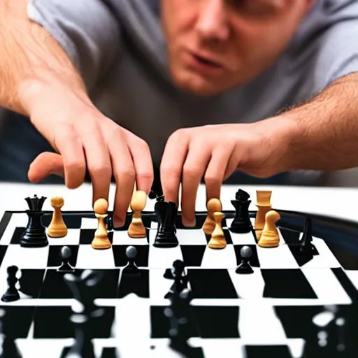 Image similar to angry man flipping over the chessboard after losing, ultra realistic