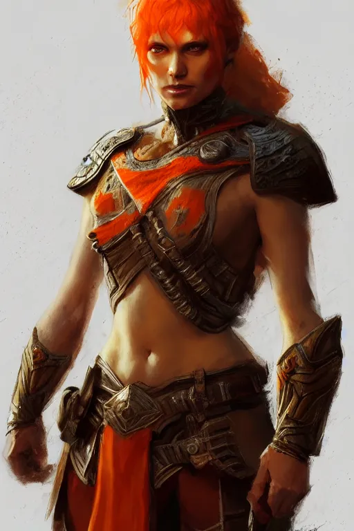 Image similar to full - body portrait of a ranger, female, white and orange breastplate, magical, high fantasy, d & d, by craig mullins, face details, extremely detailed, digital illustration